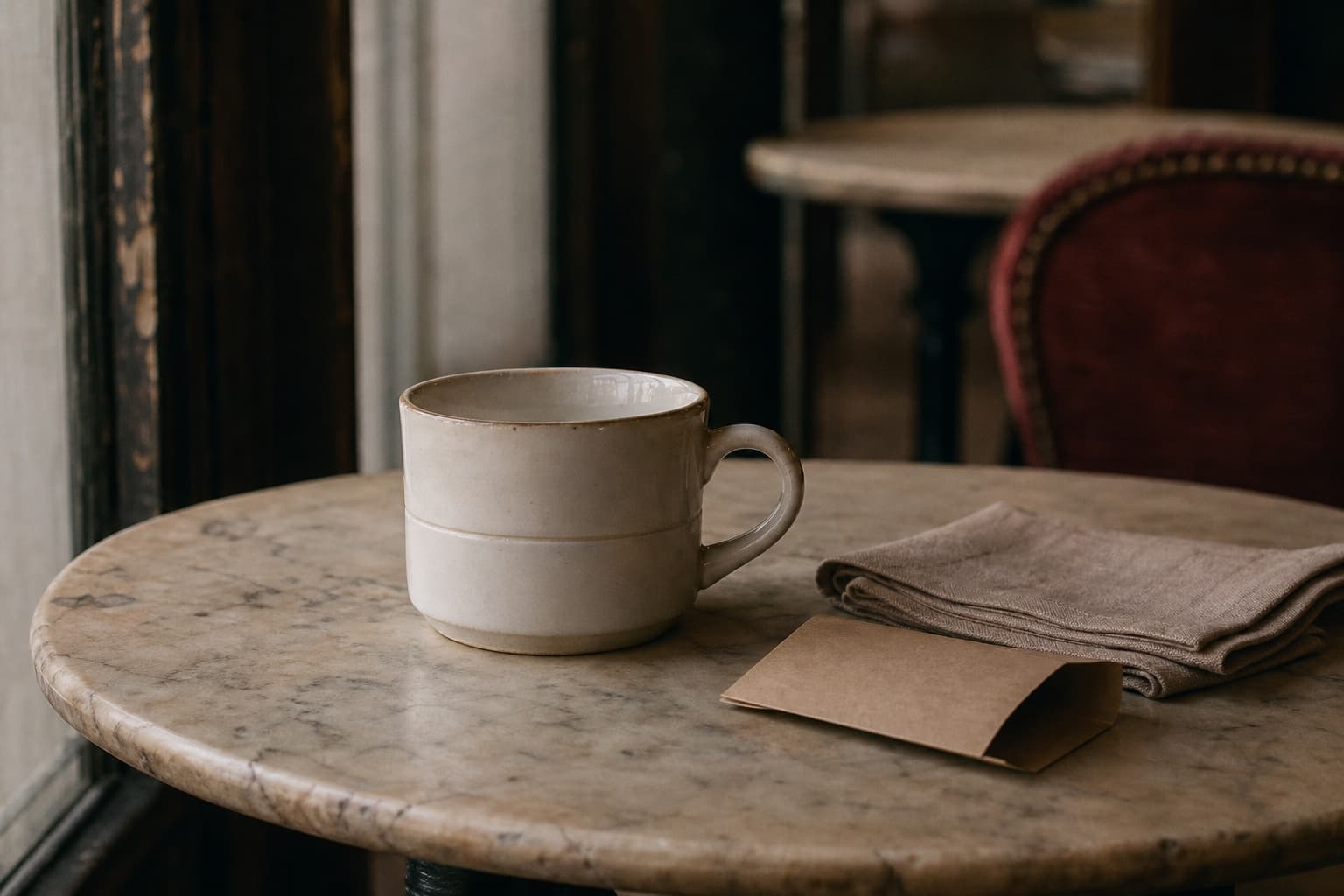 A quiet café table with a ceramic cup in soft daylight